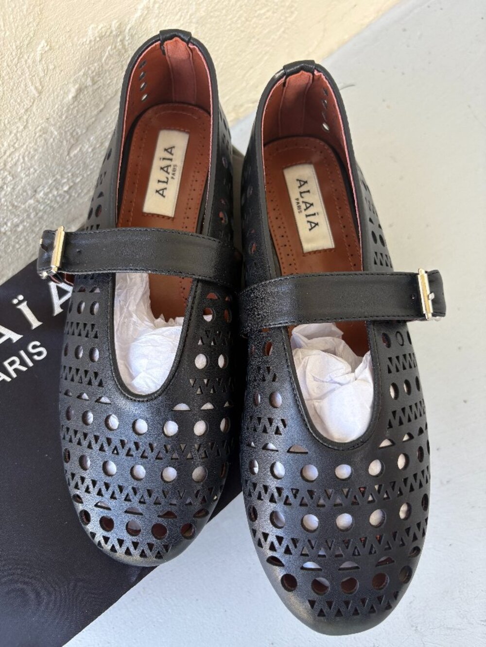 ALAIA Paris Black Laser Cut Leather Mary Jane Ballet Flats Size 38 / 8 US w/ Box